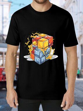 Black Graphic Tee with Colorful Rubik Cube Splash